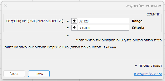 דוגמה לשימוש בפונקציה COUNTIF באקסל