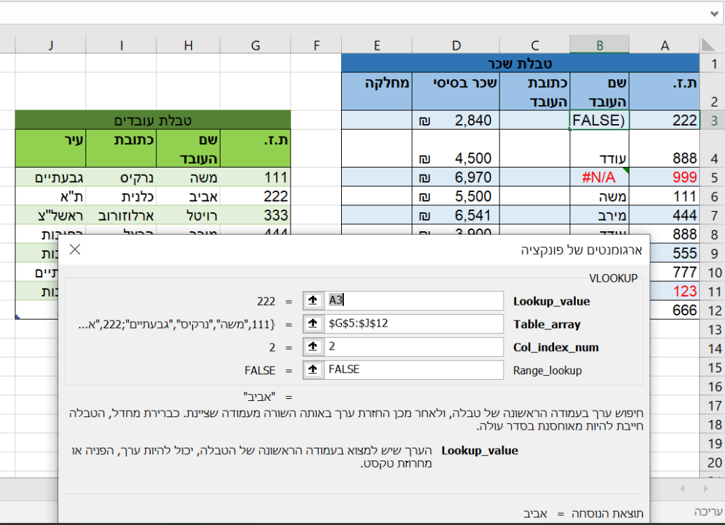 Vlookup הפונקציה